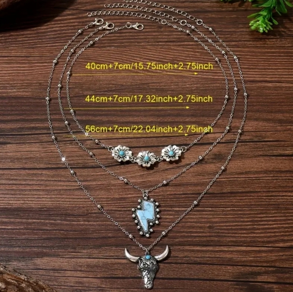 Western Silver and Turquoise Layered Necklace Set Cowgirl Necklace - Picture 4 of 4